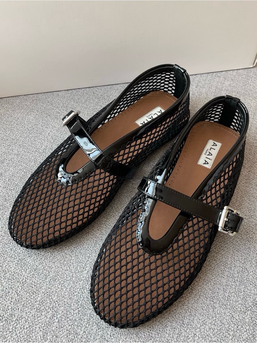 Alaïa Black Mesh Mary Jane Flats with Patent Strap